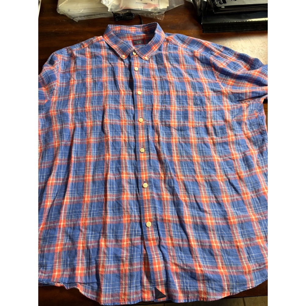 Untuckit Mens 3XL Linen Plaid Long Sleeve Button Down Shirt Blue Orange